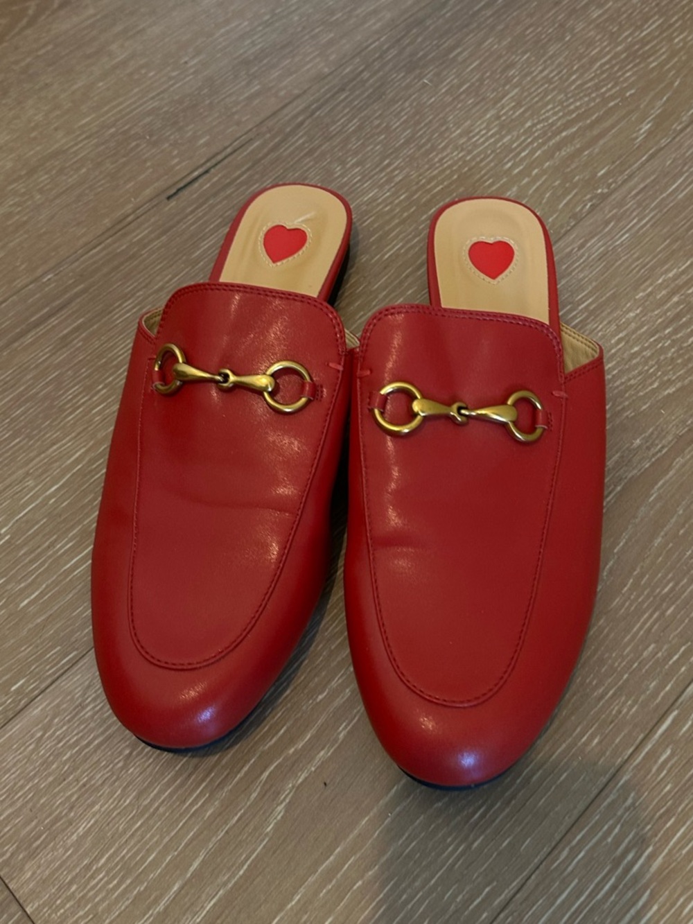 Red Leather Mule Loafers with Gold Hardware